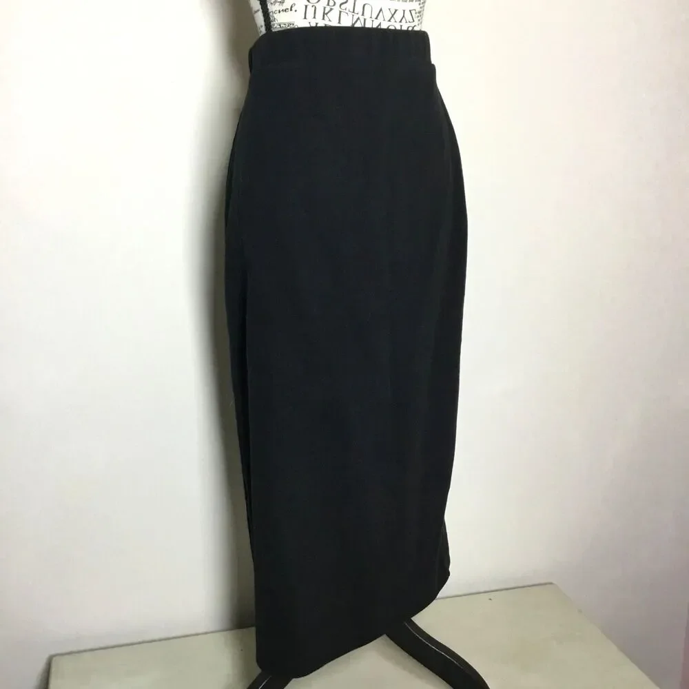 Black ribbed knit pencil skirt stretchy classic minimalist waist 28”-31